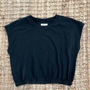 Madewell Cropped Boxy Tee Black Elastic Hem Short Sleeve Top Size L Minimal EUC